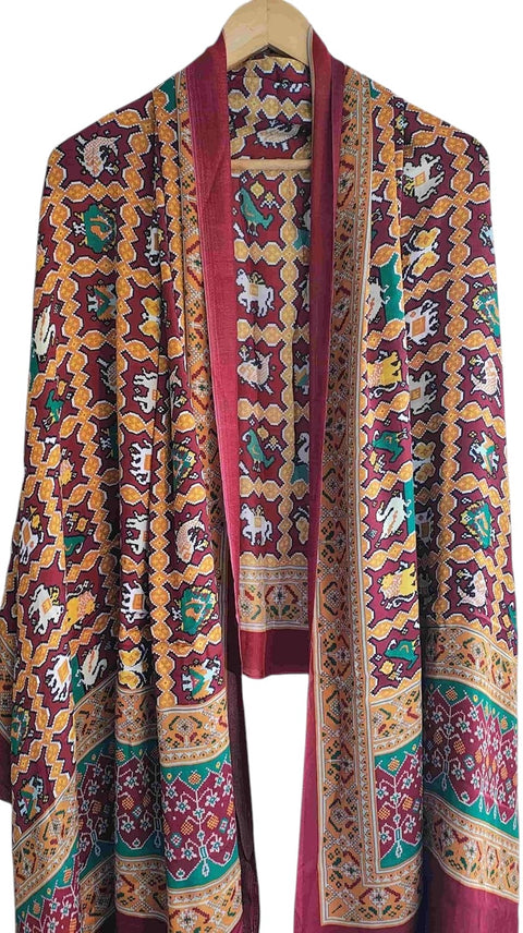 Printed Modal Silk Patola Print Dupatta, Traditional Indian Scarf with Geometric Motifs, Digital Print Design