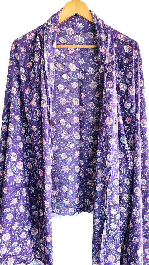 Hand Block Printed Bagru Dupatta in Pure Cotton Malmal(Dark Purple)