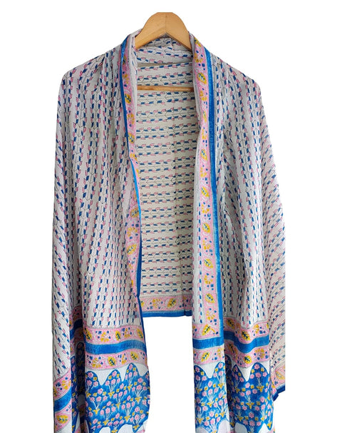 Hand Block Printed Bagru Dupatta in Pure Cotton Malmal (white and Blue Color)