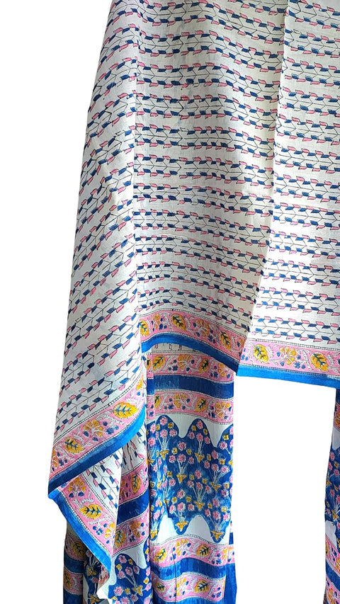 Hand Block Printed Bagru Dupatta in Pure Cotton Malmal (white and Blue Color)