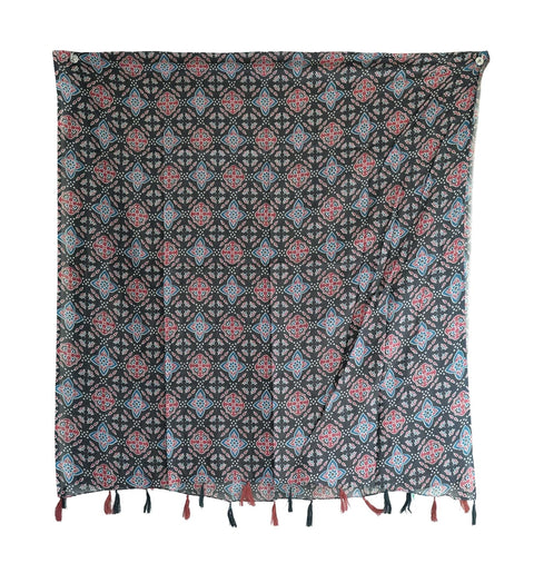 Traditional Ajrakh Print Cotton Stole, Black, Mandala Pattern with Tassels