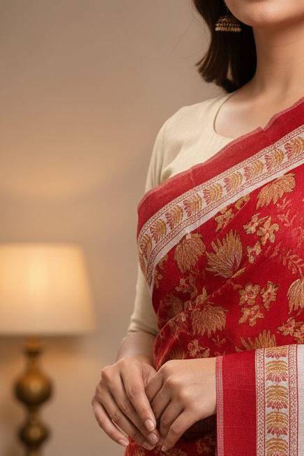 Hand Block Printed Bagru Dupatta in Pure Cotton Malmal(Red And Yellow Color)