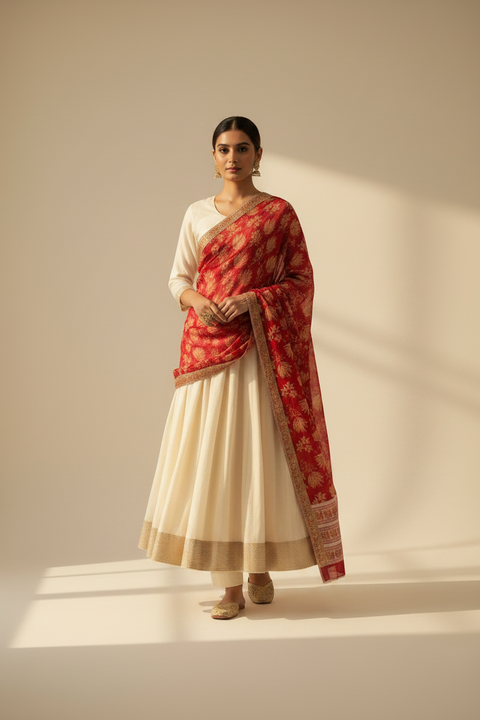 Hand Block Printed Bagru Dupatta in Pure Cotton Malmal(Red And Yellow Color)