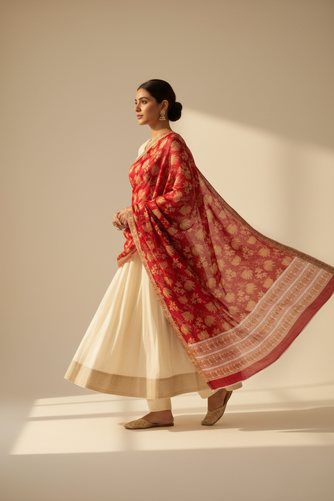 Hand Block Printed Bagru Dupatta in Pure Cotton Malmal(Red And Yellow Color)
