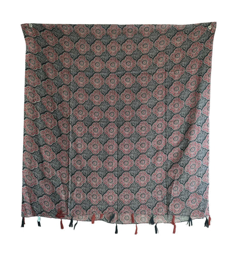 Traditional Ajrakh Print Cotton Stole, Black, Mandala Pattern with Tassels