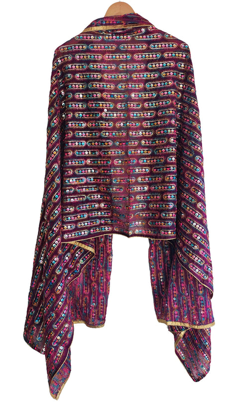 Handcrafted Mirror Work Embroidered Dupatta, Red, Cotton, Traditional Tribal Design, Ethnic Style