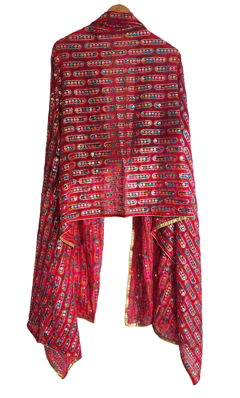 Handcrafted Mirror Work Embroidered Dupatta, Red, Cotton, Traditional Tribal Design, Ethnic Style