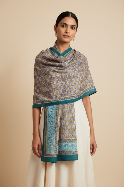 Hand Block Printed Bagru Dupatta in Pure Cotton Malmal(Pink And Green Color)