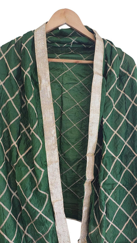Indis Scarves Silk Embroidery Dupatta with Gold Grid Pattern, Traditional Ethnic Shawl Wrap with Tassel Detail