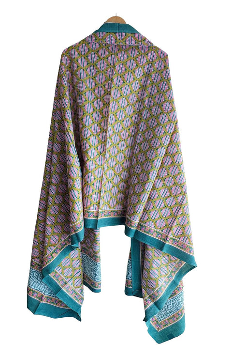 Hand Block Printed Bagru Dupatta in Pure Cotton Malmal(Pink And Green Color)