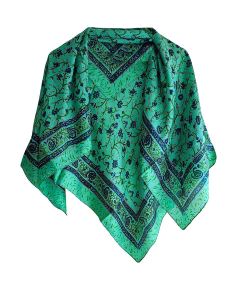 Floral Paisley Print Silk Scarf, Light Weight Square Neck Wrap, Blue and Orange Border Pattern, 100x100 cm