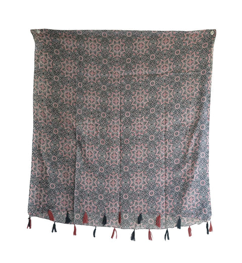 Traditional Ajrakh Print Cotton Stole, Black, Mandala Pattern with Tassels