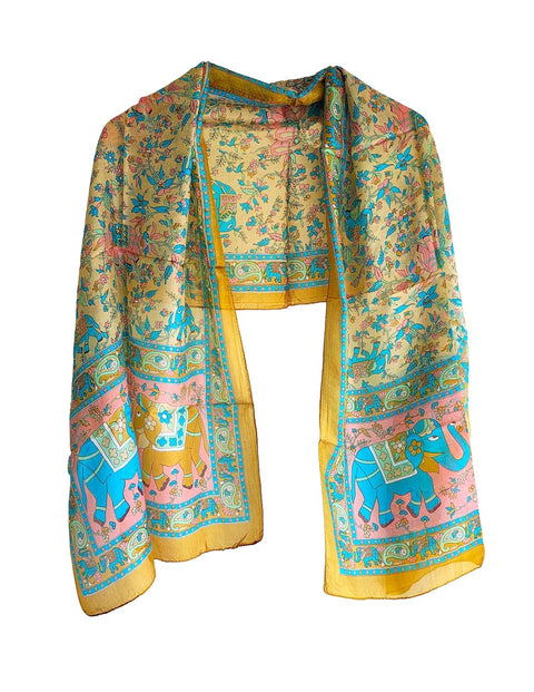 Silk Stole, Prints Multi Color, 51 cm Width x 65 cm Length, Lightweight(Yellow And Blue)