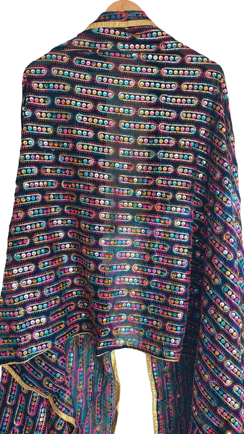 Handcrafted Mirror Work Embroidered Dupatta, Red, Cotton, Traditional Tribal Design, Ethnic Style