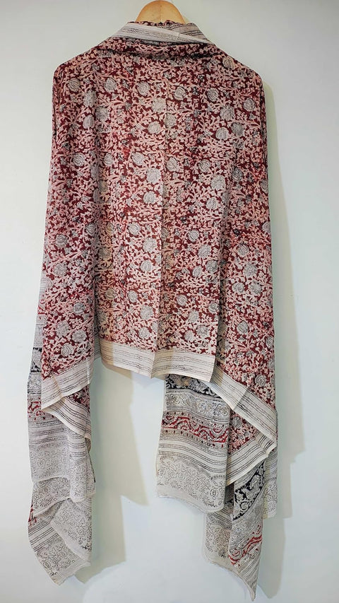 Hand Block Printed Kalamkari Stole - Traditional Indian Floral Scarves (73x194 cm)(Dark Red)