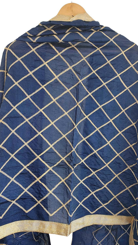 Indis Scarves Silk Embroidery Dupatta with Gold Grid Pattern, Traditional Ethnic Shawl Wrap with Tassel Detail