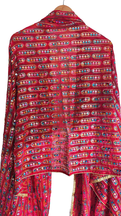 Handcrafted Mirror Work Embroidered Dupatta, Red, Cotton, Traditional Tribal Design, Ethnic Style