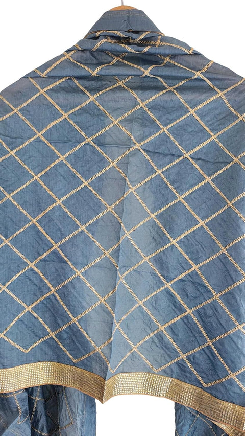Indis Scarves Silk Embroidery Dupatta with Gold Grid Pattern, Traditional Ethnic Shawl Wrap with Tassel Detail