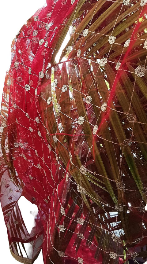 Traditional Embroidered Net Dupatta with Golden Border, Red Sequined Scarf, Diamond Pattern Dupatta, Chunni