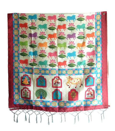 Assam Traditional Dupatta with Multicolor Multi moti Motif | Ethnic Printed Cotton Dupatta with Tassels