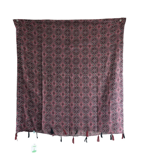 Traditional Ajrakh Print Cotton Stole, Black, Mandala Pattern with Tassels