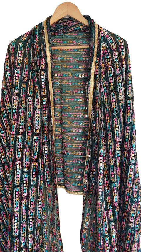 Handcrafted Mirror Work Embroidered Dupatta, Red, Cotton, Traditional Tribal Design, Ethnic Style