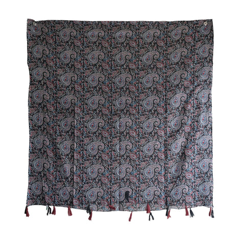 Traditional Ajrakh Print Cotton Stole, Black, Mandala Pattern with Tassels