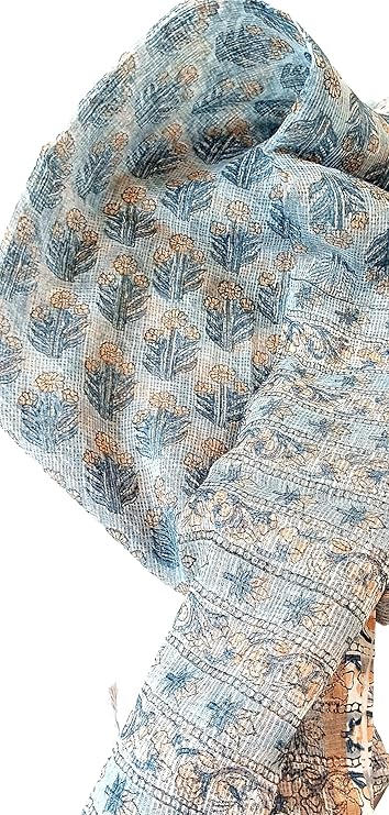 India Scarves Bagru Hand Block Floral kota Doria silk cotton Dupatta