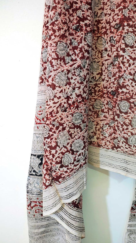 Hand Block Printed Kalamkari Stole - Traditional Indian Floral Scarves (73x194 cm)(Dark Red)