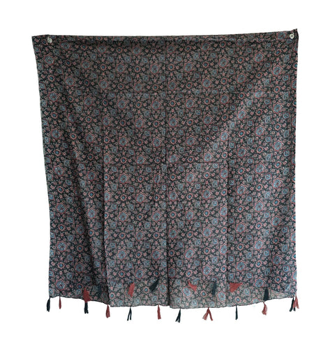 Traditional Ajrakh Print Cotton Stole, Black, Mandala Pattern with Tassels