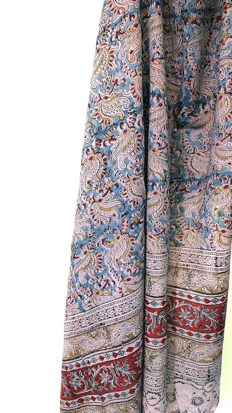 Hand Block Printed Kalamkari Stole - Traditional Indian Floral Scarves (73x194 cm) Light Blue