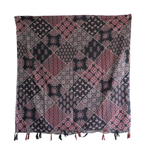 Traditional Ajrakh Print Cotton Stole, Black, Mandala Pattern with Tassels
