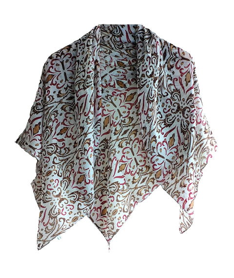 Floral Paisley Print Silk Scarf, Light Weight Square Neck Wrap, Blue and Orange Border Pattern, 100x100 cm