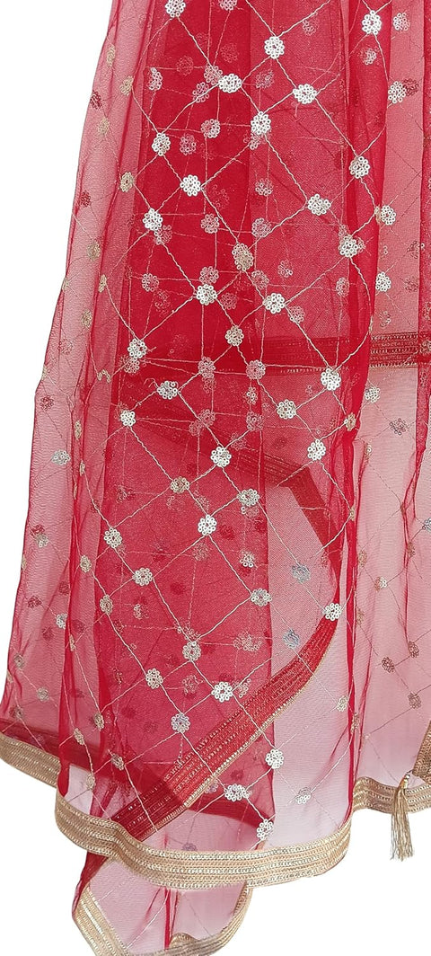 Traditional Embroidered Net Dupatta with Golden Border, Red Sequined Scarf, Diamond Pattern Dupatta, Chunni