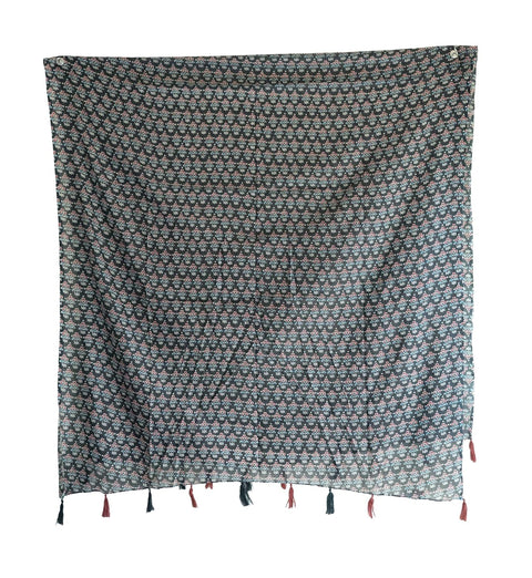 Traditional Ajrakh Print Cotton Stole, Black, Mandala Pattern with Tassels