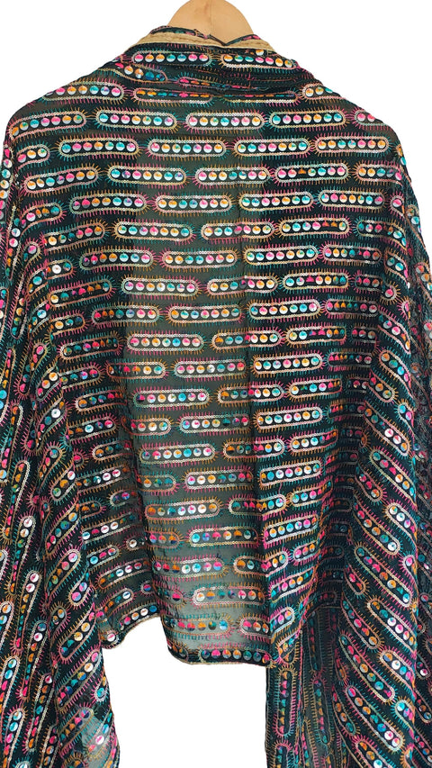 Handcrafted Mirror Work Embroidered Dupatta, Red, Cotton, Traditional Tribal Design, Ethnic Style