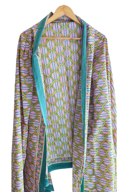 Hand Block Printed Bagru Dupatta in Pure Cotton Malmal(Pink And Green Color)