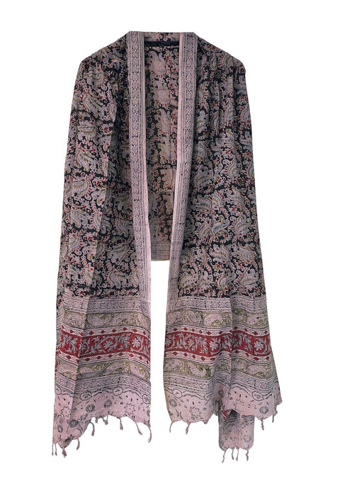Hand Block Printed Kalamkari Stole - Traditional Indian Floral Scarves (73x194 cm)