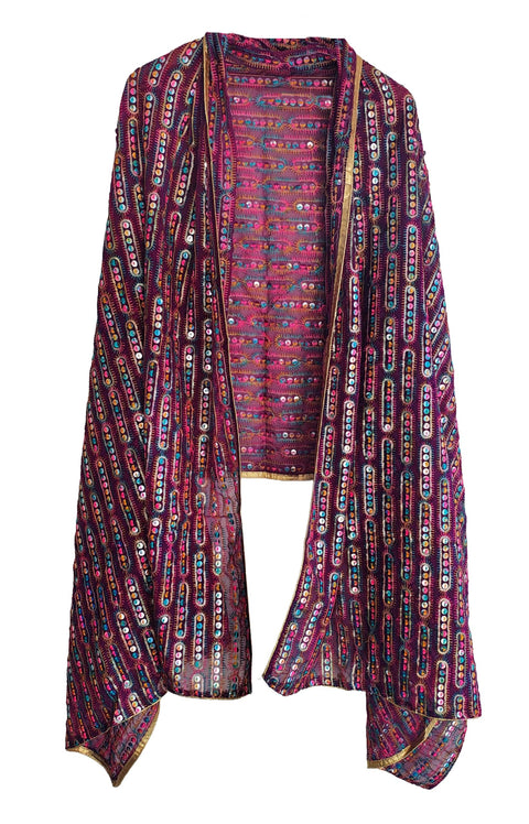 Handcrafted Mirror Work Embroidered Dupatta, Red, Cotton, Traditional Tribal Design, Ethnic Style