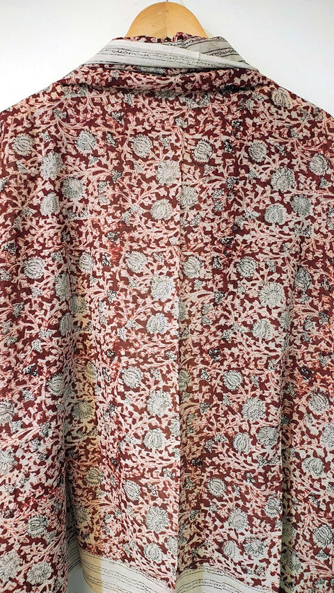Hand Block Printed Kalamkari Stole - Traditional Indian Floral Scarves (73x194 cm)(Dark Red)