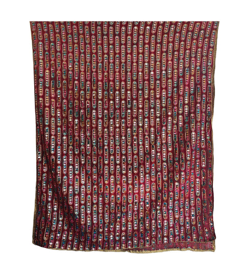 Handcrafted Mirror Work Embroidered Dupatta, Red, Cotton, Traditional Tribal Design, Ethnic Style