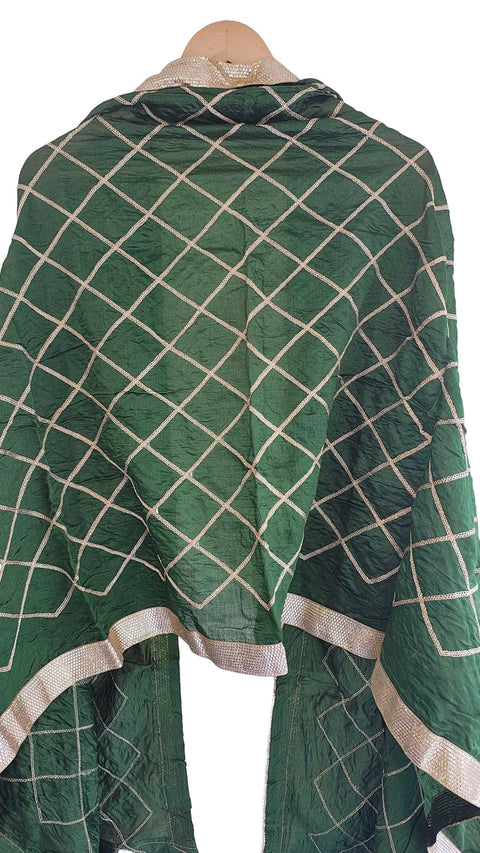 Indis Scarves Silk Embroidery Dupatta with Gold Grid Pattern, Traditional Ethnic Shawl Wrap with Tassel Detail