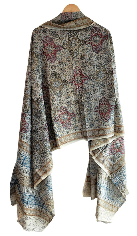 India Scarves Kalamkari Hand Block Printed Pure Cotton Dupatta (Maroon And Beige)