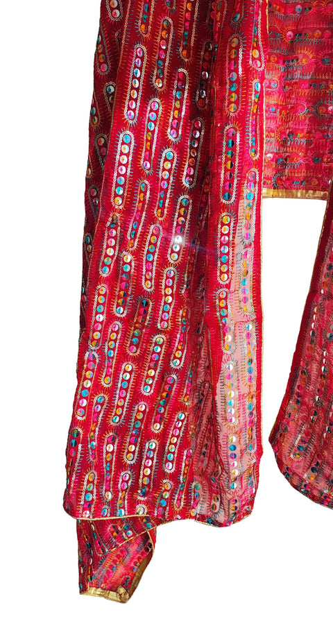 Handcrafted Mirror Work Embroidered Dupatta, Red, Cotton, Traditional Tribal Design, Ethnic Style