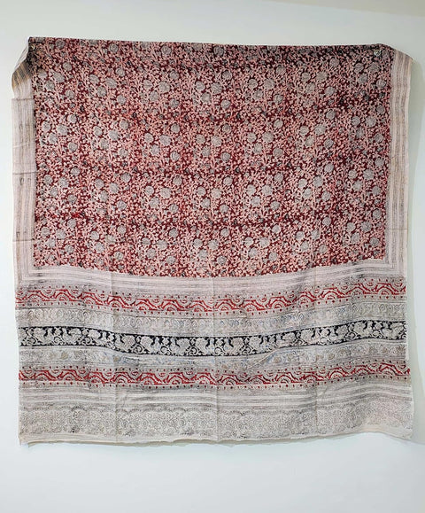 Hand Block Printed Kalamkari Stole - Traditional Indian Floral Scarves (73x194 cm)(Dark Red)