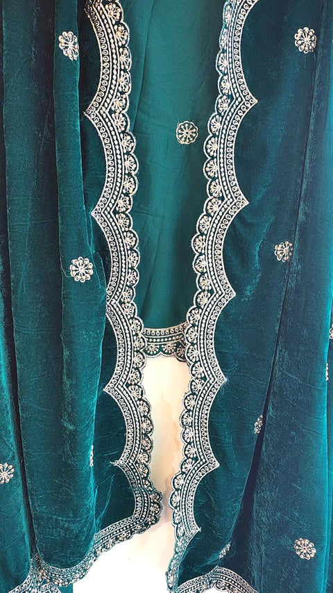 Luxury Micro-Velvet Embroidered Dupatta for Women | Heavy Scalloped Cutwork Border with Butti Work