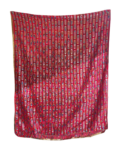 Handcrafted Mirror Work Embroidered Dupatta, Red, Cotton, Traditional Tribal Design, Ethnic Style