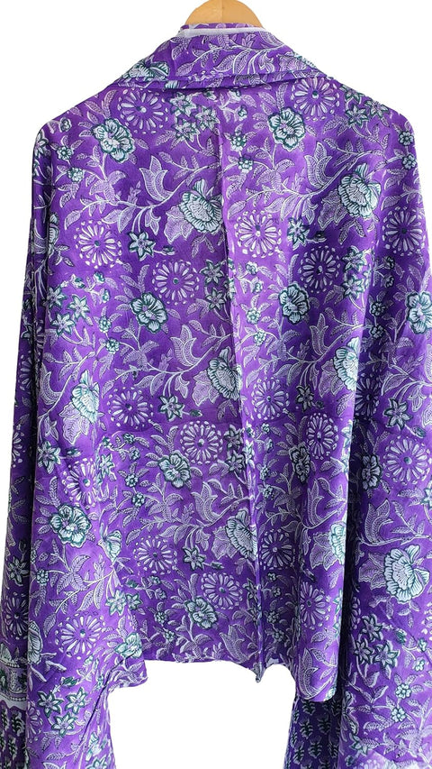 Hand Block Printed Bagru Dupatta in Pure Cotton Malmal(Purple And Green Color)
