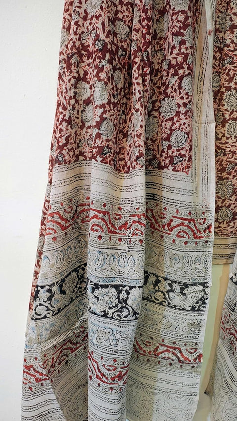 Hand Block Printed Kalamkari Stole - Traditional Indian Floral Scarves (73x194 cm)(Dark Red)