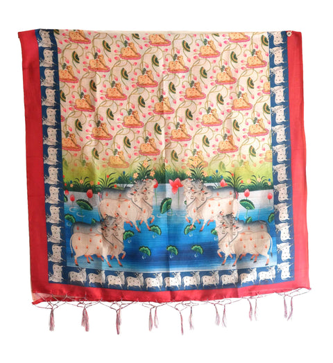 Assam Silk Traditional Dupatta with Multicolor Multi moti Motif | Ethnic Printed Cotton Dupatta with Tassels